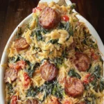Creamy Spinach Artichoke Sausage Orzo Bake First Image