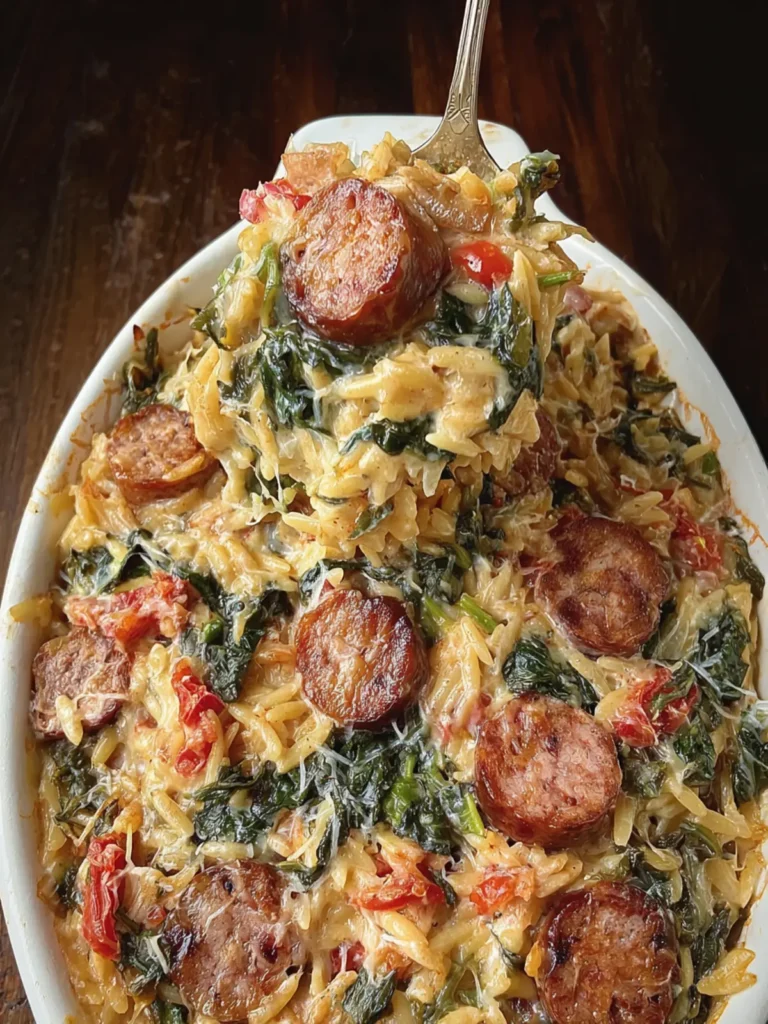 Creamy Spinach Artichoke Sausage Orzo Bake First Image