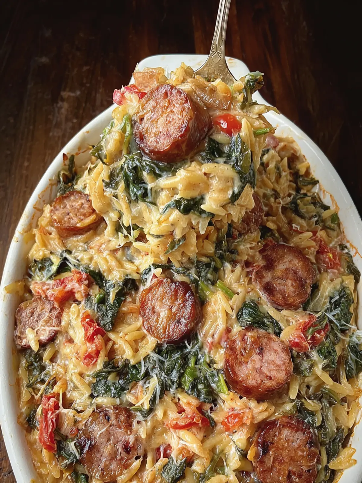 Creamy Spinach Artichoke Sausage Orzo Bake First Image